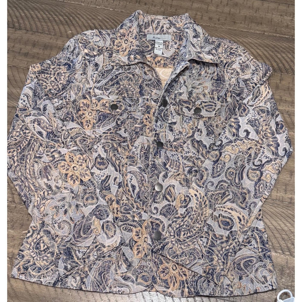Analogy Womens Blue Tan Paisley Jacquard Button Front Trucker Jacket Size M